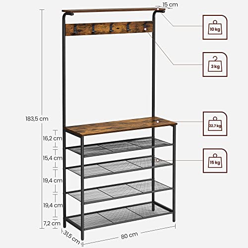 Coat Rack Stand, Hall Tree with Shoe Storage, 5 Tier Shoe Rack Different Height, 5 Dual Hooks, Top Shelf, Hallway Bedroom Dorm Apartment, Industrial, Rustic Brown and Black