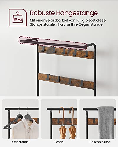 Coat Rack, Coat Stand with Shoe Storage Bench, 4-in-1 Design, with 9 Removable Hooks, a Clothes Rail, for Hallway, Entrance, 33.7 x 84 x 183 cm, Industrial, Rustic Brown and Black