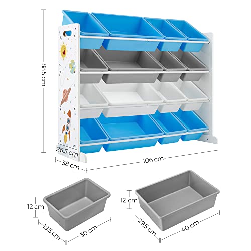 Toy Storage Unit, 4-Tier Large Toy Organiser for Kids with 16 Removable Plastic Bins, for Children’s Room, Playroom, Living Room, White, Blue, and Grey