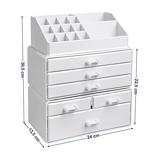 Large Acrylic Make up Organiser, Stackable Cosmetic Box with 6 Drawers, for Palette, Brush, Foundation, Lipstick, Nail Polish, Hairpins, Great Gift for Loved Ones, White