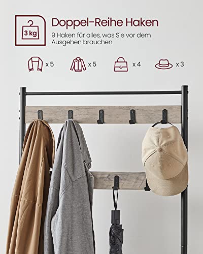 Coat Rack, Coat Stand with Shoe Storage Bench, Hall Tree with Shoe Rack, 3-in-1 Design, Steel Frame, for Hallway, Entrance, 32 x 70 x 175 cm, Industrial, Greige and Black