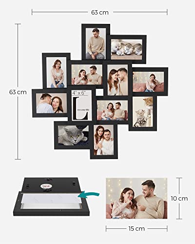 Picture Frame Collage for 12 Photos in 4 x 6 Inches, Assembly Required, Collage Multiple Photos, Clear Glass Front, Wooden Grain, Black