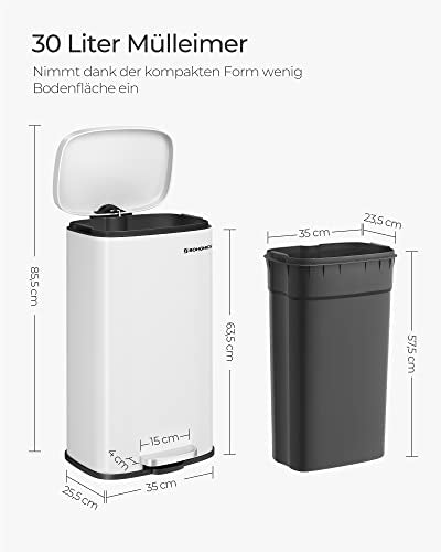 Kitchen Bin 30L, Pedal Bin, Rubbish Bin with Soft-Close Lid and Inner Bucket, Steel, White