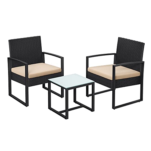 Balcony Garden Furniture Set, PE Polyrattan Lounge Set, Table and 2 Chairs, Patio Furniture, Easy Assembly, Outdoor, for Patio, Balcony, Garden, Black/Beige