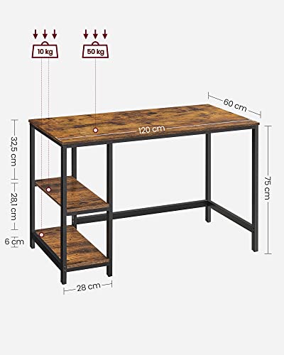 Computer Desk, Writing Desk with 2 Shelves on Left or Right, Work Table for Office Living Room, Steel Frame, Industrial, Rustic Brown and Black