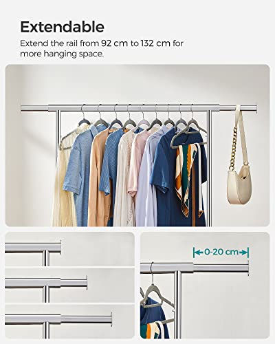 Clothes Rack on Wheels, Heavy Duty Clothes Rail, with Extendable Hanging Rail, 90 kg Load Capacity, Easy Assembly, Portable, Silver