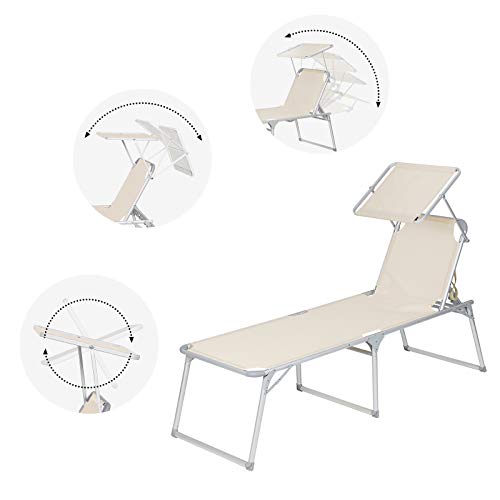 Sun Lounger, Sunbed, Large Reclining Sun Chair, 65 x 200 x 48 cm, Load Capacity 150 kg, with Reclining Backrest, Sunshade, Foldable, for Garden, Balcony, Terrace, Beige