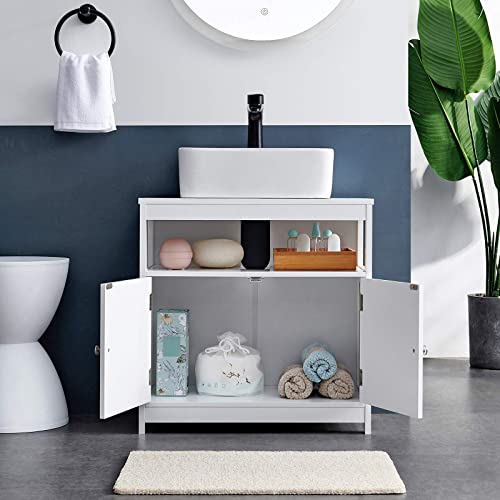 Bathroom Under Sink Cabinet, Floor Cabinet Double Door, Open Compartment, 60 x 30 x 60 cm, Storage Unit, Scandinavian Nordic Style, Matte White