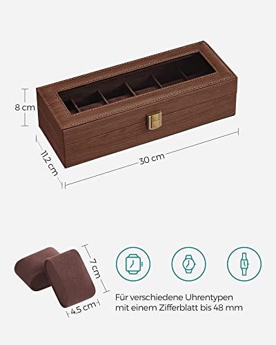 Watch Box with 6 Slots, Watch Case with Glass Lid, Velvet Watch Pillows, Watch Holder with Clasp, 11.2 x 30 x 8 cm, Gift Idea, Brown Synthetic Leather, Brown Lining