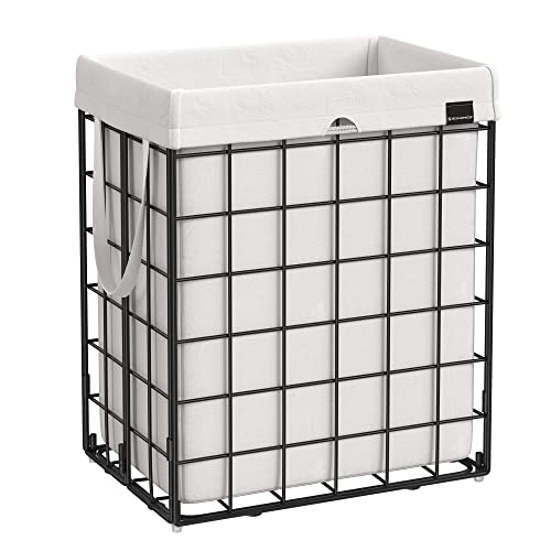 90L Laundry Basket, Collapsible Washing Basket, Laundry Hamper, Removable and Washable Bag, Metal Wire Frame, for Bedroom Bathroom, Black and White