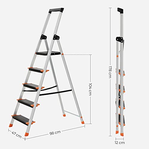 5 Step Ladder, Aluminium, Fold Away with 13 cm Wide Steps, Tool Tray and Anti-Slip Feet, Max. Static Load 150 kg, EN131 Standard, Black and Orange