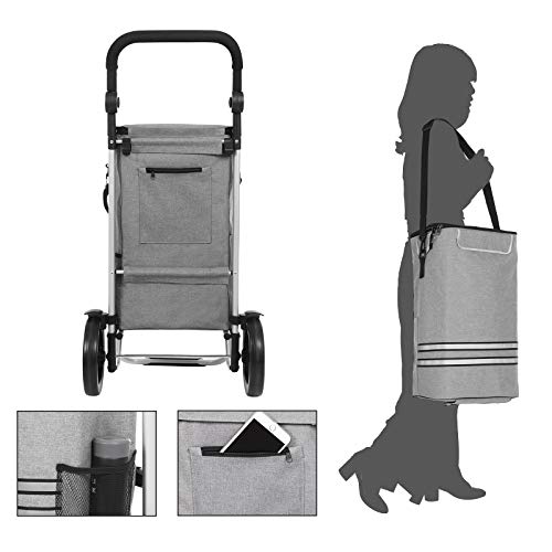 Shopping Trolley, Foldable Shopping Cart, Solid, with Insulated Cooling Bag, Large Capacity 35L, Multifunctional Luggage Cart with Wheels, Detachable Backpack, Grey