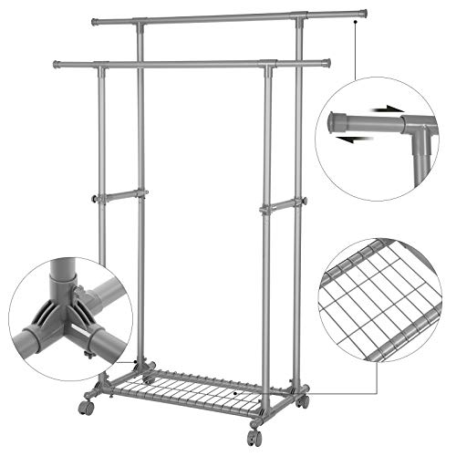 Double Clothes Rail, Extendable Garment Rack, from 87 to 150 cm, Rolling Clothes Rack with Shelf, Sturdy Structure, Max Static Load 70 kg, for Clothes Scarves, Grey