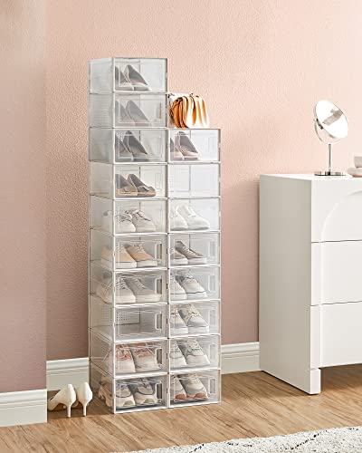 Shoe Boxes, Pack of 18 Stackable Shoe Storage Organisers, Foldable and Versatile for Sneakers, Fit up to UK Size 10.5, Transparent and White