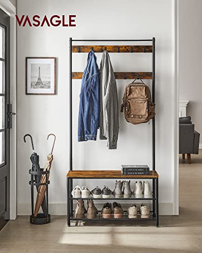 Coat Rack, Coat Stand with Shoe Storage Bench, Hall Tree with Shoe Rack, 3-in-1 Design, Steel Frame, for Hallway, Entrance, 32 x 85 x 175 cm, Industrial, Rustic Brown and Black