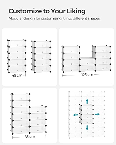 Interlocking Shoe Rack, Rectangular Storage Organiser, 10 Slot Modular DIY Storage Shelf Unit, 40 x 30 x 17 cm for Each Slot, Plastic Wardrobe with Doors, White