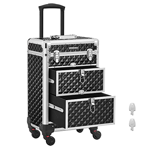 Lockable Makeup Case, Rolling Cosmetics Beauty Trolley Box, for Professional Makeup Artist, Beauty Studio, Nail Technician, ABS, Aluminum, 34 x 27 x 57 cm, Black