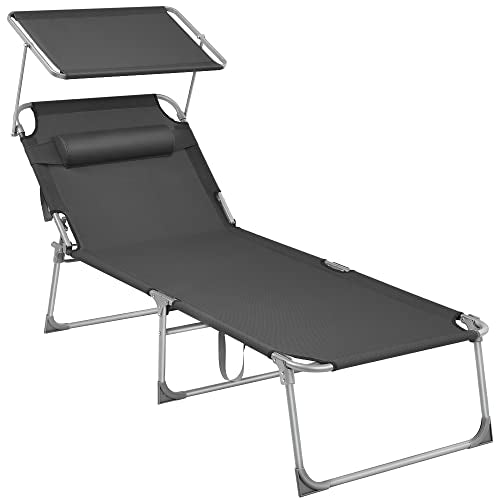 Lounger, Sunbed, Large Reclining Sun Chair, 71 x 200 x 38 cm, Load Capacity 150 kg, with Headrest, Reclining Backrest, Sunshade, Foldable, for Garden, Smoky Grey