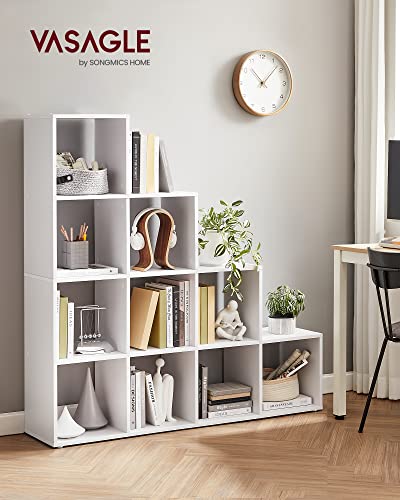 Bookcase, Stair Organiser, 10 Open Cubes, Wooden Display Shelf, Free Standing Shelf, 129.5 x 29 x 129.5 cm, Room Divider, White