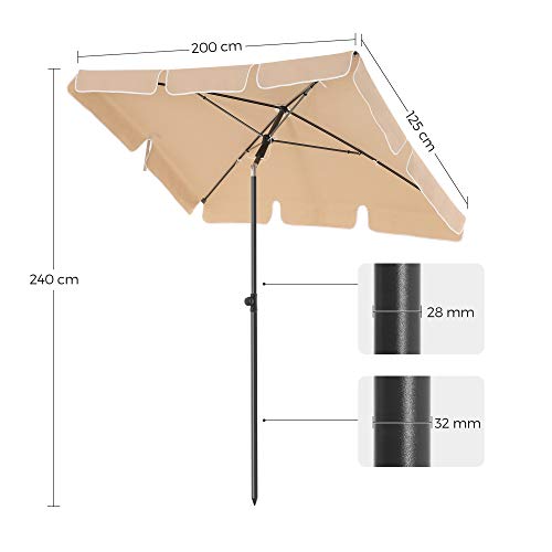 Rectangular Balcony Parasol 2 x 1.25 m, UPF 50+ Protection, Tilting Sunshade, PA-Coated Canopy, Carrying Bag, Garden Terrace, Base Not Included, Taupe