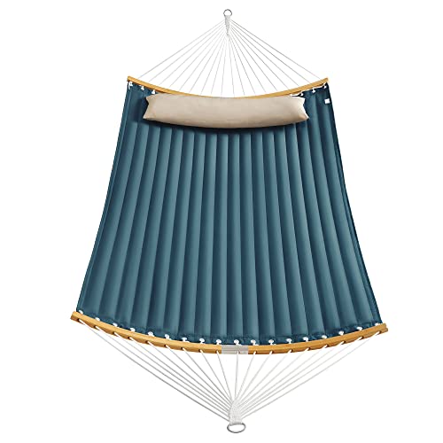 Padded Double Hammock, Quilted Hammock with Detachable Curved Bamboo Spreader Bars, Swing Bed with Pillow, Oxford Fabric, 200 x 140 cm, Load Capacity 225 kg, Blue and Beige