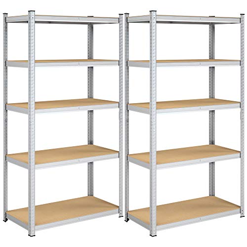 5-Tier Shelving Units, Set of 2 Steel Shelving Units for Storage, Tool-Free Assembly, for Garage, Shed, Load Capacity 600 kg, 50 x 100 x 200 cm, Silver