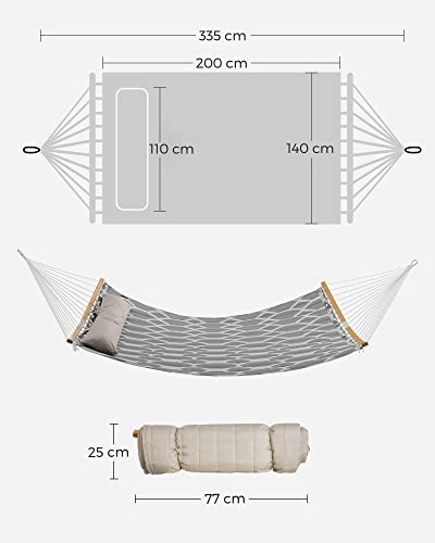 Hammock, Quilted Fabric Hammock with Detachable Curved Bamboo Spreaders, Pillow, 200 x 140 cm, Load Capacity 225 kg, Grey and Beige Rhombus