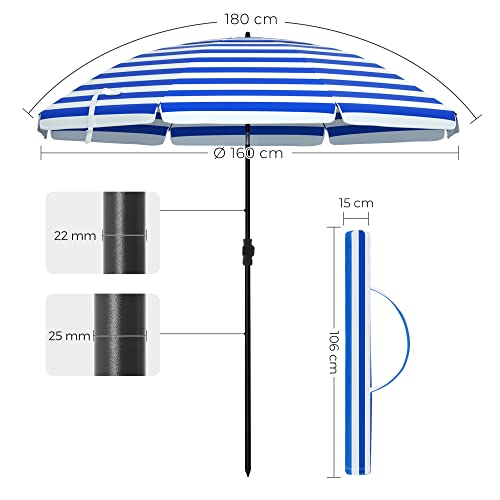 1.6 m Parasol, Beach Umbrella, Sun Protection with UPF 50+, Portable Octagonal Canopy, Tilt Mechanism, Air Vent, Carry Bag, for Beach, Gardens, Balcony, Pool, Blue and White Stripes