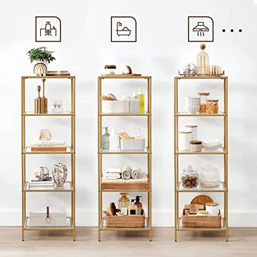 Shelf Unit, 5-Tier Ladder Shelving Unit, Slim Glass Shelf for Bedroom, Bathroom, Home Office, Tempered Glass, Steel Frame, Gold Colour