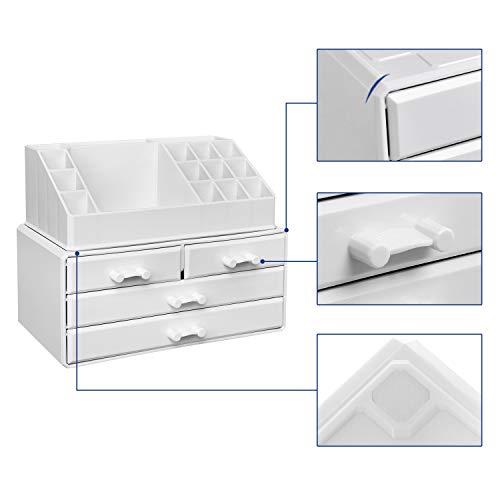 Cosmetics Organiser, Makeup Storage Holder with 4 Drawers and 16 Compartments of Different Sizes, Non-Slip Mats, for Makeup and Jewellery Accessories, White