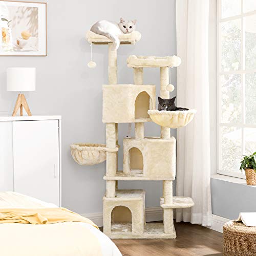 Large Cat Tree with 3 Cat Caves, 164 cm Cat Tower, Beige