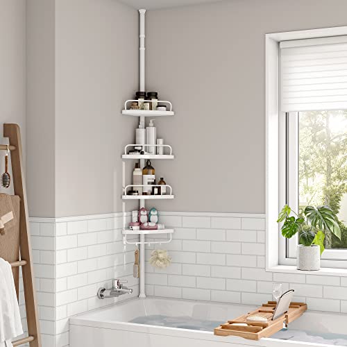 Adjustable Bathroom Corner Shelf, Telescopic Shower Caddy, 85-305 cm, Floor to Ceiling, with 4 Trays, 3 Hooks, White