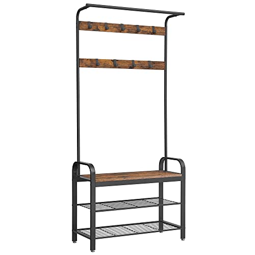 Coat Rack, Coat Stand with Shoe Storage Bench, 4-in-1 Design, with 9 Removable Hooks, a Clothes Rail, for Hallway, Entrance, 33.7 x 84 x 183 cm, Industrial, Rustic Brown and Black