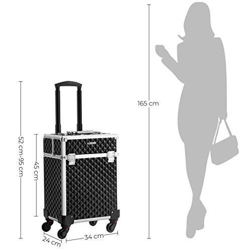 Cosmetic Case, Trolley, Makeup Case with Handle, 4 Universal Wheels, 4 Extendable Trays, Makeup Bag, for Travelling, Black