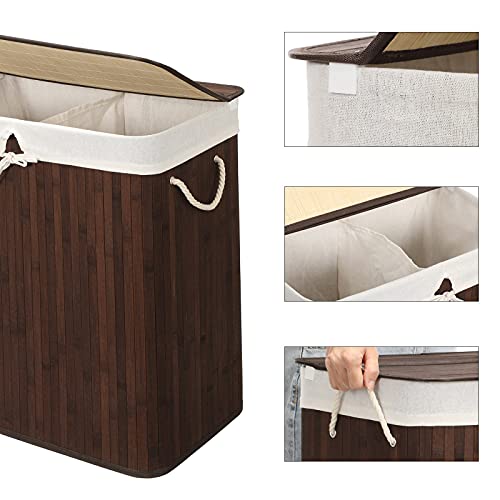 Divided Laundry Basket with Lid, Bamboo Laundry Hamper with 2 Sections, Removable Liners, Cotton Handles, 100L Storage Capacity, for Laundry Room, Bedroom, Brown