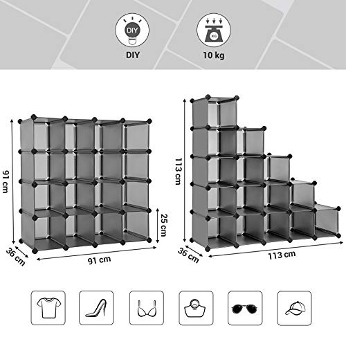 Interlocking Shoe Rack, Rectangular Storage Organiser, 15-Slot Modular DIY Storage Shelf Unit, Metal Wire Wardrobe, Grey