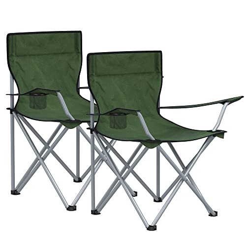 Folding Camping Chairs, Set of 2 Outdoor Chair, with Armrests, Cup Holder, Portable, 120 kg Capacity, for Camping, Garden, Fishing, Beach, Balcony, Military Green