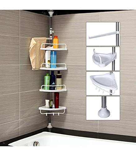 Adjustable Bathroom Corner Shelf, Telescopic Shower Caddy, 95-300 cm, Floor to Ceiling, with Stainless Steel Frame, 4 Trays, 3 Hooks, 1 Towel Bar, White and Silver