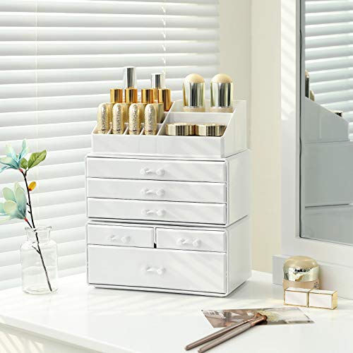 Large Acrylic Make up Organiser, Stackable Cosmetic Box with 6 Drawers, for Palette, Brush, Foundation, Lipstick, Nail Polish, Hairpins, Great Gift for Loved Ones, White