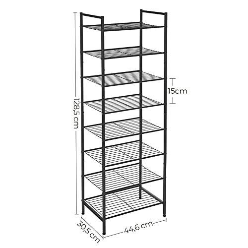 8-Tier Slim Shoe Rack, Shoe Storage Organiser Stand, 16-24 Pairs of Shoes, Space-Saving with Large Capacity, Vertical Metal Shoe Shelf Storage, 44.6 x 30.5 x 128.5 cm, Black