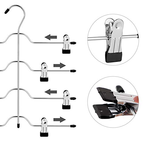 Trouser Skirt Hangers with Clips, Set of 3 Space Saving 4-Tier Metal Pant Hangers, with 8 Adjustable Non Slip Clips, for Slacks, Jeans, Towels, Shorts, 32 cm, Silver and Black