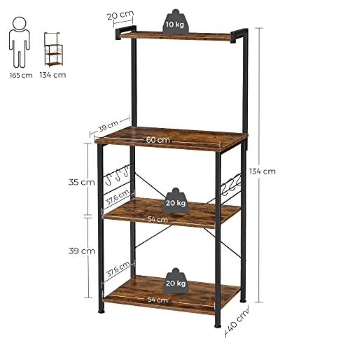 Kitchen Rack 3 Tier Stand Rack with 6 S-shaped Hooks Industrial Design Microwave Cooking Utensils Spices Pots and Pans Vintage Brown-Black