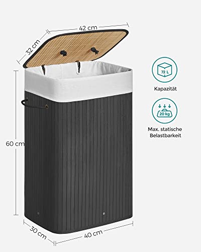 Bamboo Laundry Basket, 72L Foldable Laundry Hamper, Rectangular Storage Hamper with 3 Handles, 40 x 30 x 60 cm, Black