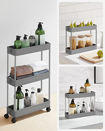 3-Tier Storage Trolley, Kitchen Trolley on Wheels, Narrow Trolley for Kitchen Bathroom Office or Small Spaces, 42 x 13.5 x 61 cm, Grey