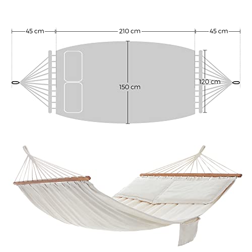 Double Hammock with 2 Pillows, Swing Bed Suitable for 2 Person, 70% Cotton, 210 x 150 cm, Load Capacity 300 kg, Beige