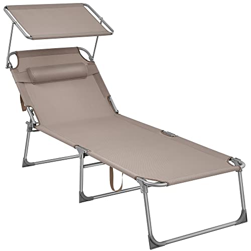 Lounger, Sunbed, Large Reclining Sun Chair, 71 x 200 x 38 cm, Load Capacity 150 kg, with Headrest, Reclining Backrest, Sunshade, Foldable, for Garden, Taupe Colour