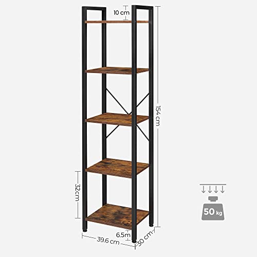 Bookcase, Bookshelf 5 Tier, Standing Display Storage Rack with Steel Frame, for Living Room, Office, Study, Hallway, Industrial Style, Rustic Brown and Black