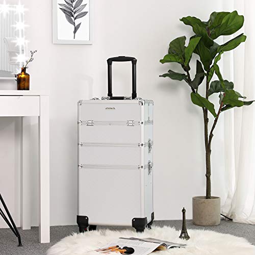 Professional Makeup Case, 3-in-1 Travelling Beauty Trolley, Large Cosmetic Trolley for Hairdressers, Lockable Rolling Makeup Case with 360-Degree Universal Casters, Silver