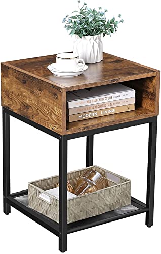 Nightstand, Side Table, End Table with Open Compartment and Mesh Shelf, for Living Room Bedroom, Easy Assembly, Space-Saving, Industrial, Rustic Brown and Black