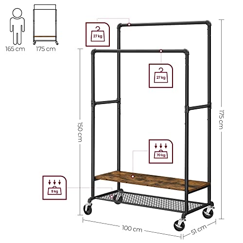 Clothes Rack on Wheels with 2 Clothes Rails and 2 Shelves 51 x 100 x 150/175 cm Industrial Design Vintage Brown / Black